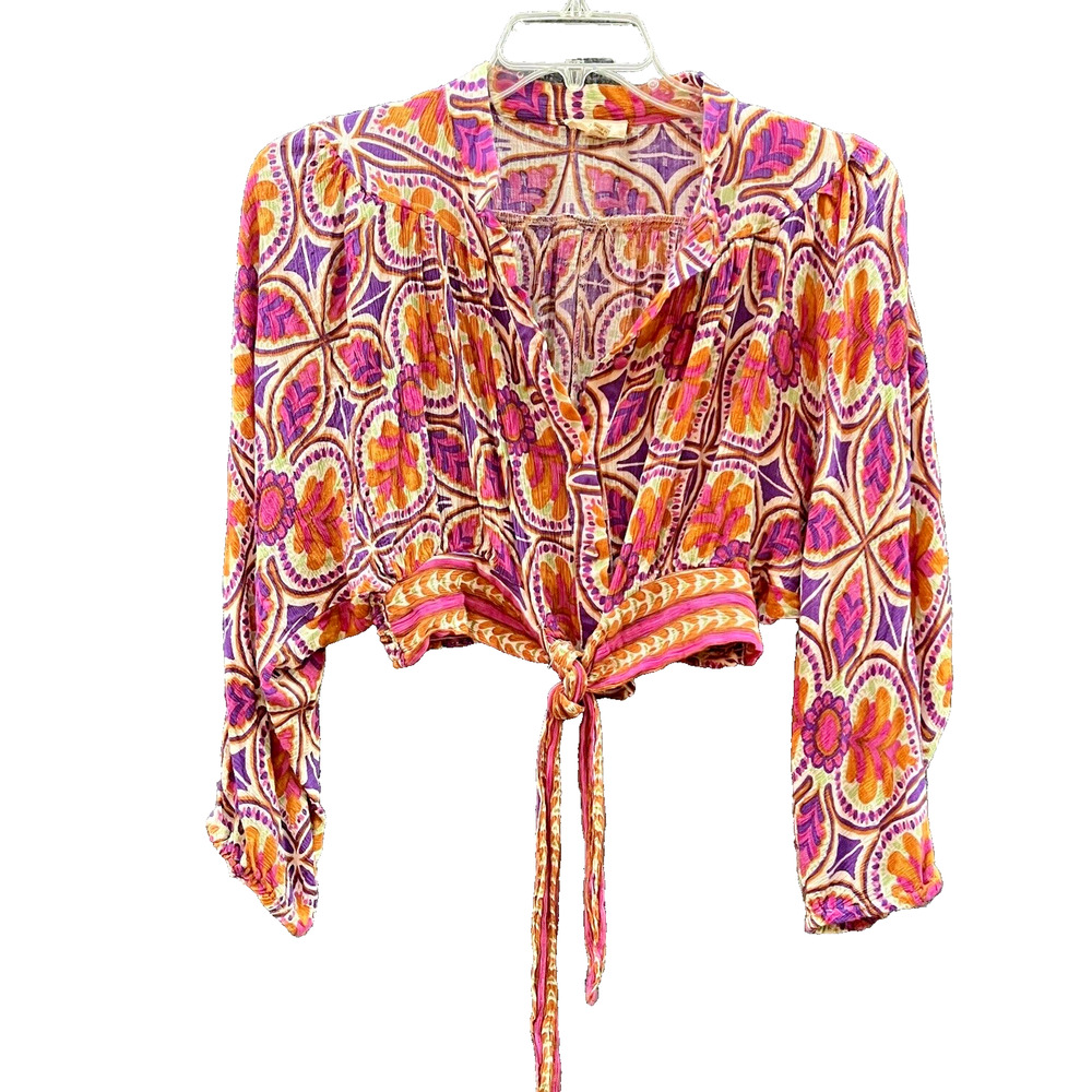 Haute Hippie Crop Top Womens Large Tie Blouse Retro Floral Bohemian Colorful